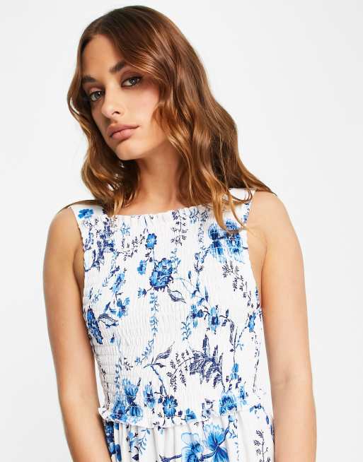River Island shirred neck floral midi dress in blue, 4 of 4