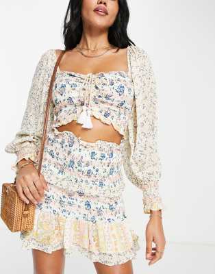 RIVER ISLAND SHIRRED PUFF SLEEVE BEACH CROP TOP IN LIGHT YELLOW - PART OF A SET-BLUE