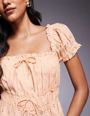 River Island Shirred Puff Sleeve Top In Nude