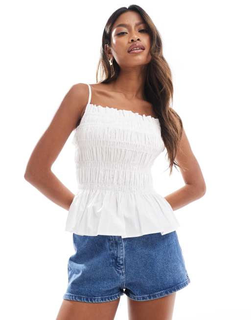 River Island shirred sleeveless cami top in white, 2 of 4