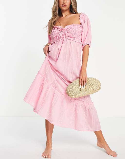 pink smock midi dress Allyn Pink Smocked Midi Dress | Women's Clothing