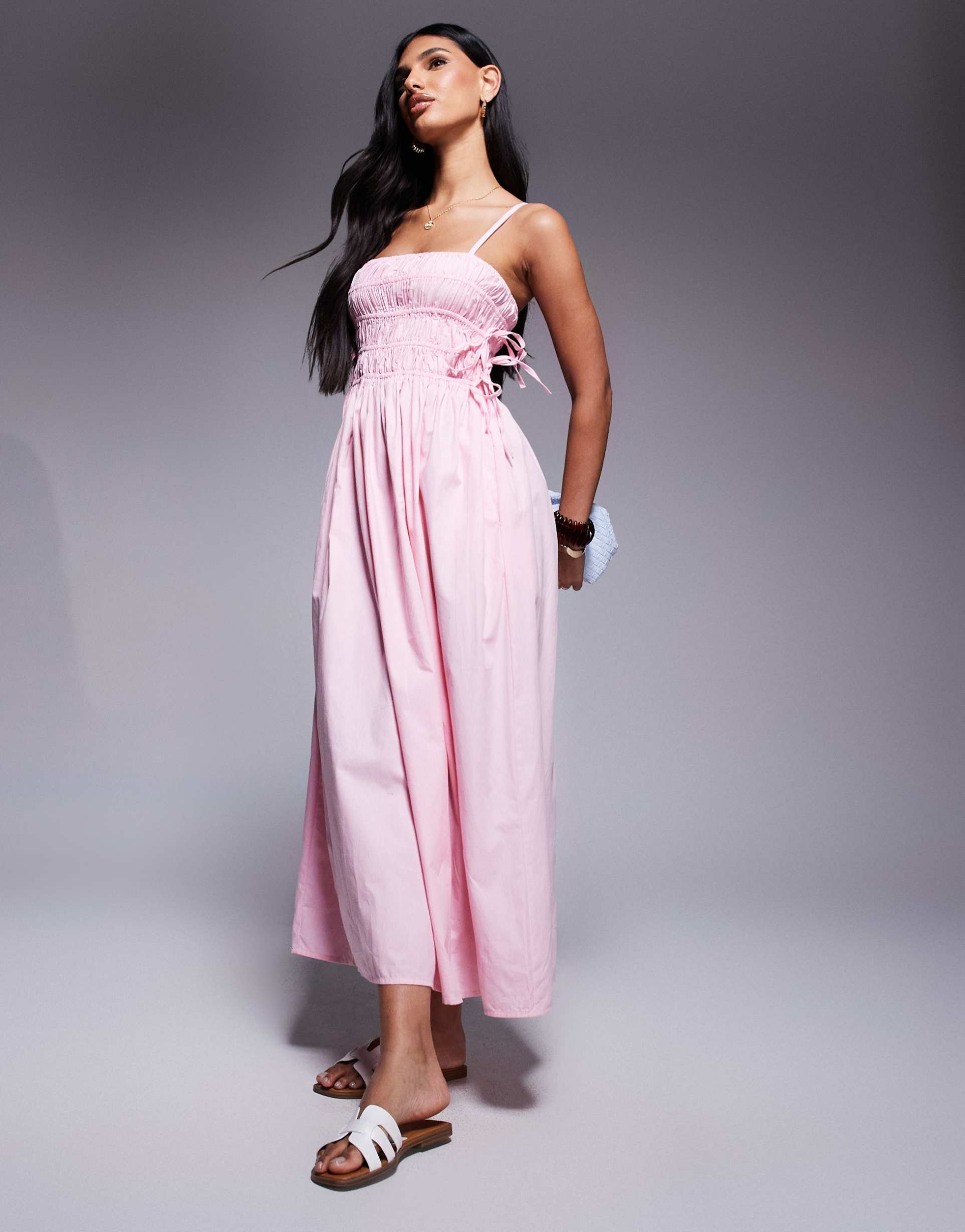river island shirred strappy midi dress in pink
