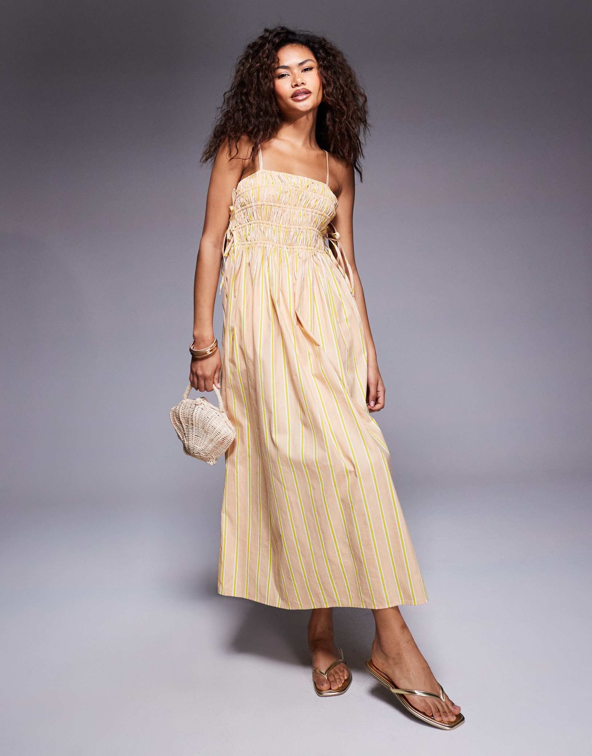 river island shirred strappy midi dress in stone