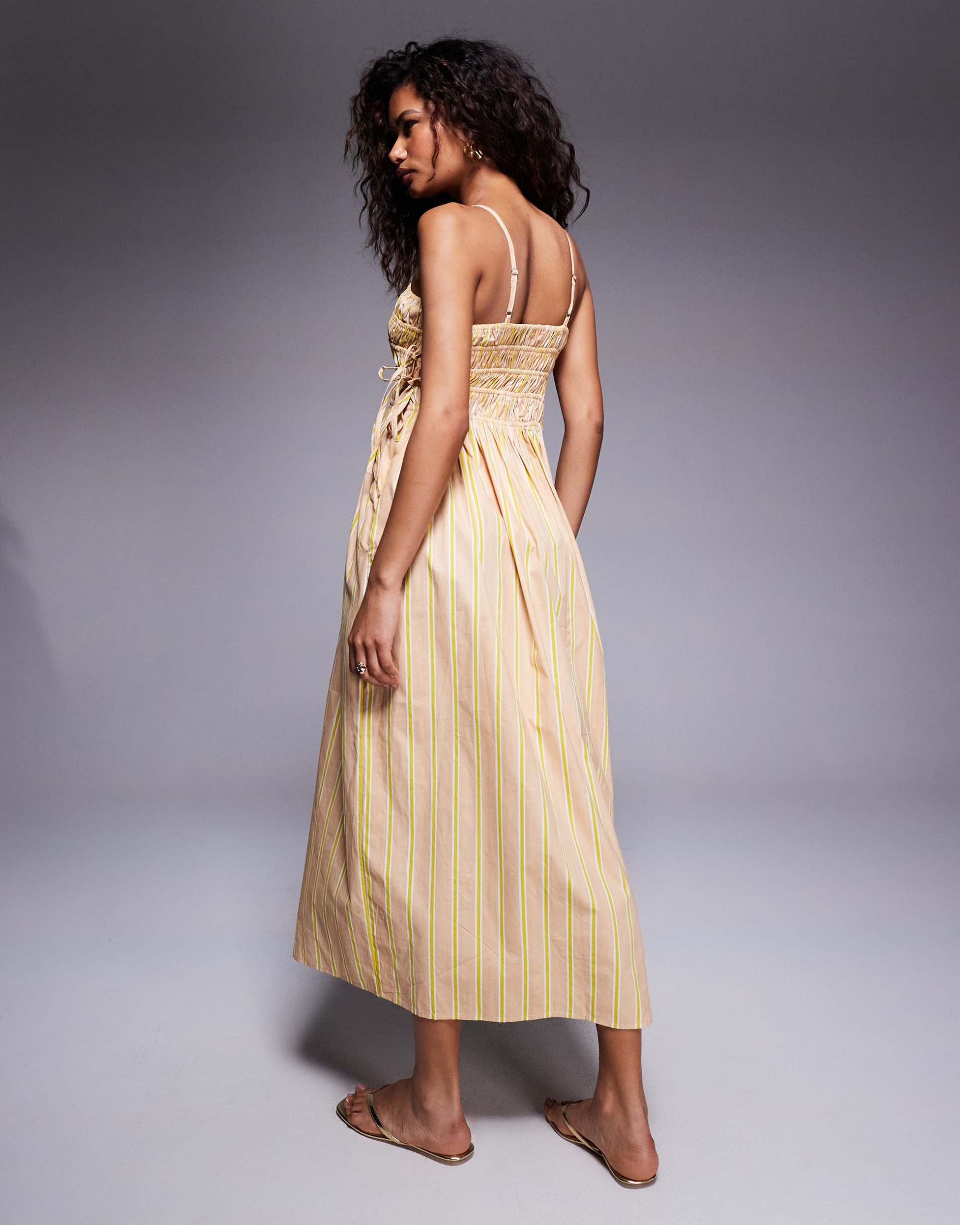 river island shirred strappy midi dress in stone