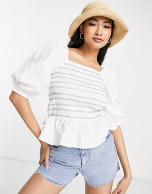 River Island shirred stripe print blouse in white - ASOS Price Checker