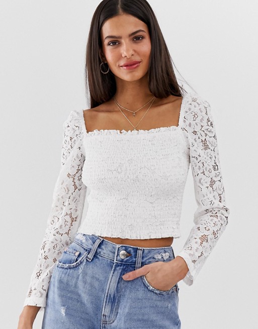 River Island shirred top with lace sleeves in white