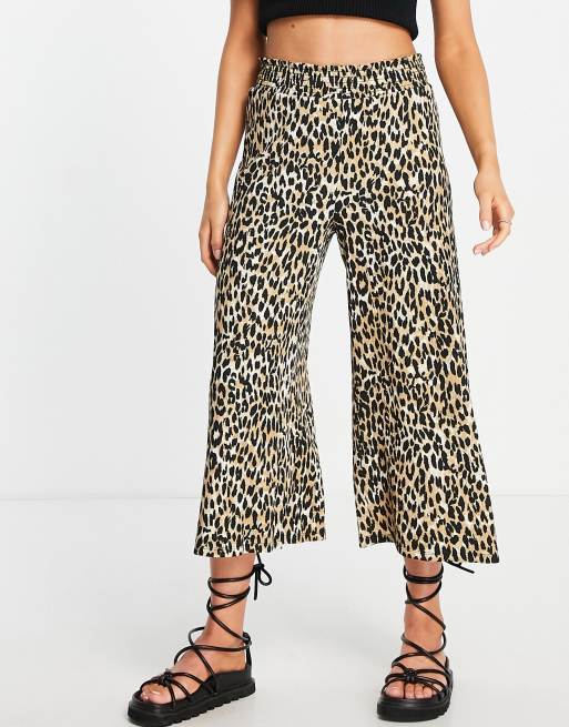 River Island shirred waist culotte trouser in brown leopard print | ASOS