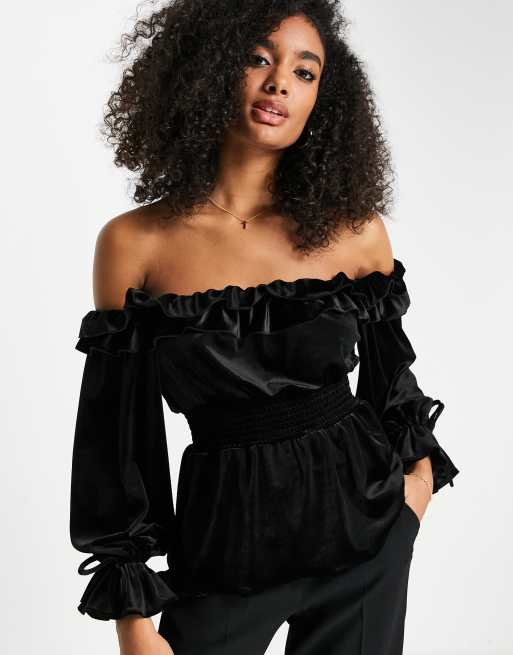 River Island shirred waist velvet bardot blouse in black