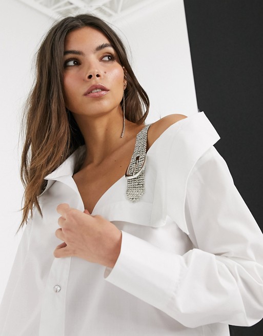 River Island shirt with diamate belt strap in white