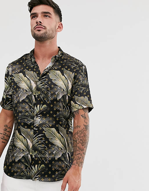 River Island shirt with palm print in navy & gold | ASOS