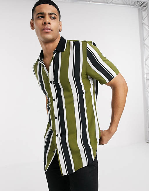 River Island shirt with stripe in khaki | ASOS