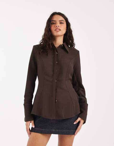 River Island shirt with tie back detail in brown - view 1