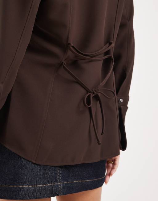 River Island shirt with tie back detail in brown, 3 of 4