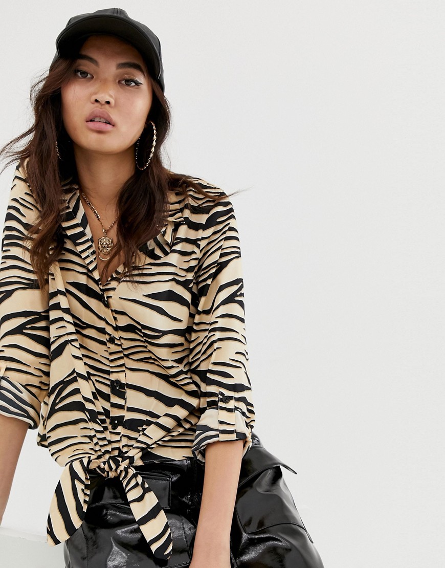 River Island shirt with tie front in animal print-Multi