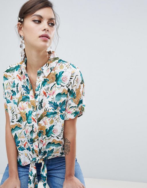 River Island shirt with tie front in leopard floral print | ASOS
