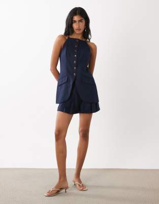 Short aspect lin à ceinture - Bleu marine 46