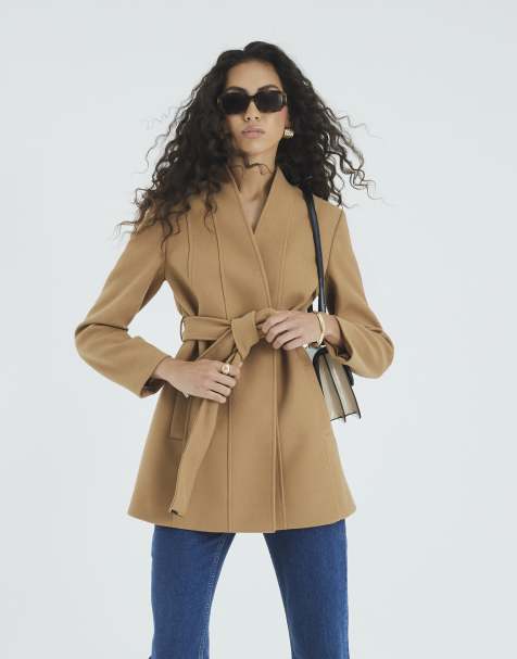 River Island Short belted wrap coat in brown - light - view 1