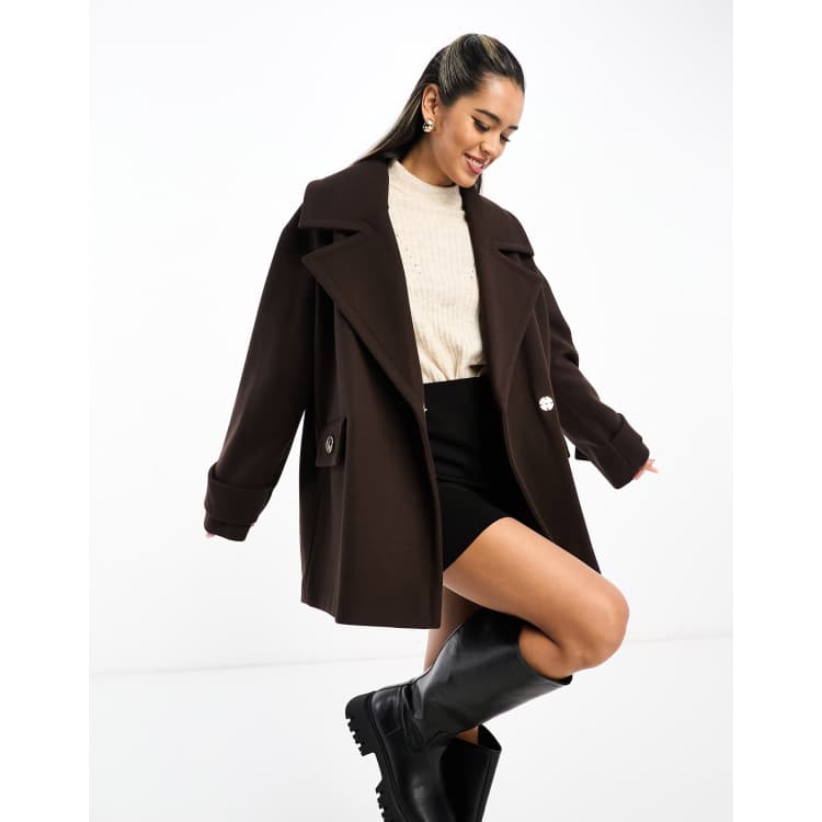 River Island short double breasted swing coat in dark brown