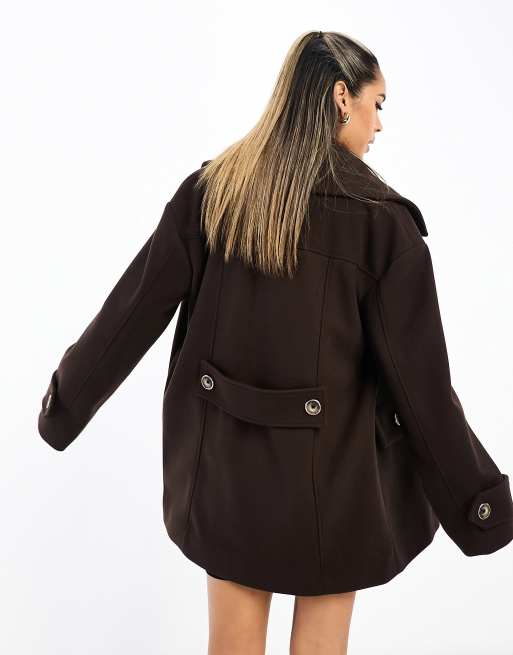 River Island short double breasted swing coat in dark brown