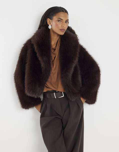 River Island Short faux fur jacket in brown - dark - view 1