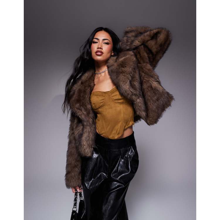 River Island short faux fur jacket in light brown ASOS