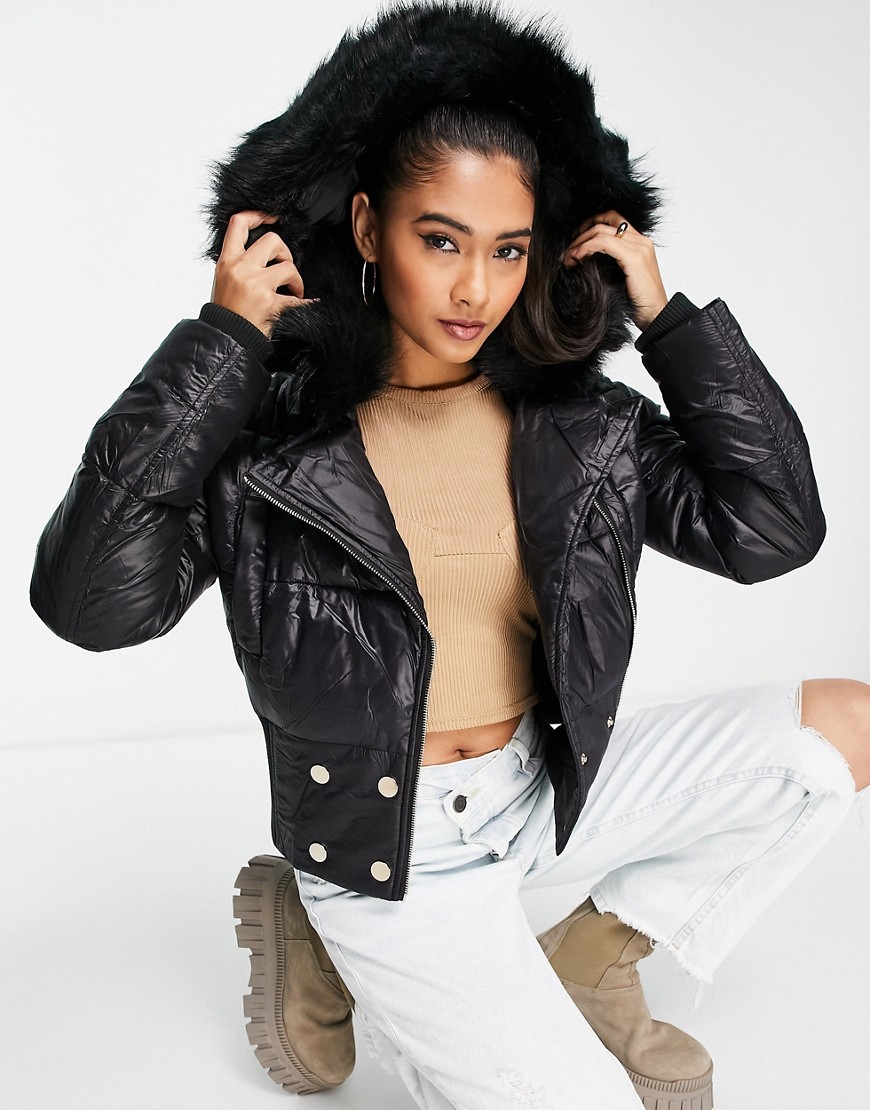 River Island short padded bomber jacket with faux fur lining-Black