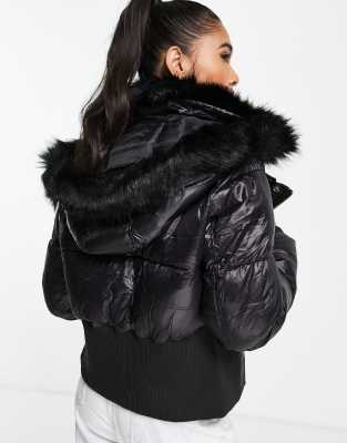 black short faux fur padded puffer jacket river island