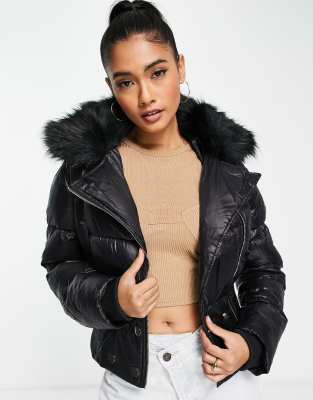 black short faux fur padded puffer jacket river island