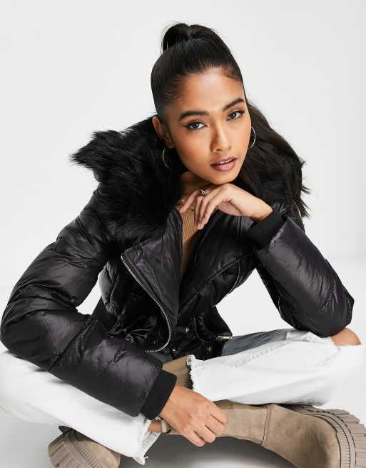 River Island short padded bomber jacket with faux fur lining ASOS