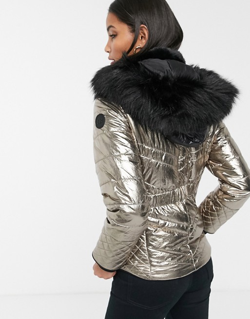 River Island short quilted padded jacket with faux fur hood in metallic copper
