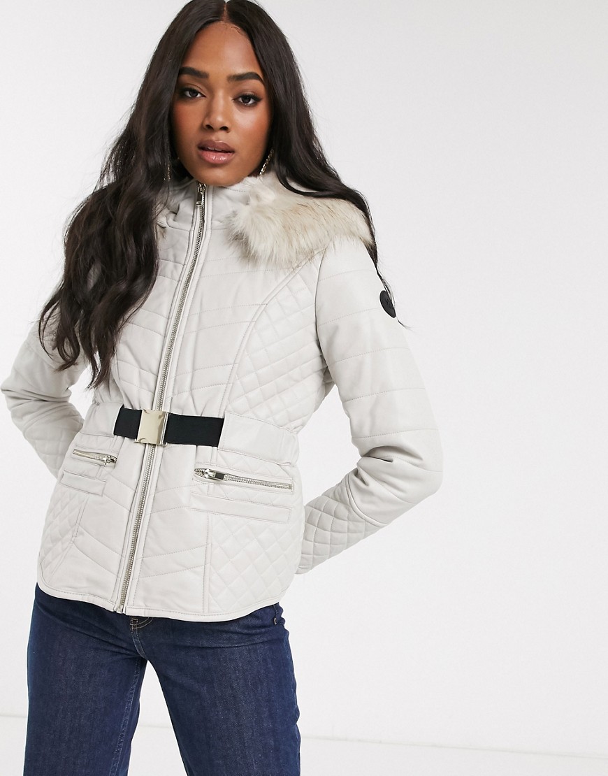 River Island short quilted padded jacket with faux fur hood in stone