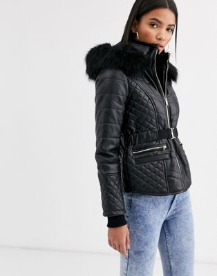 River Island short quilted padded jacket with fur hood in black