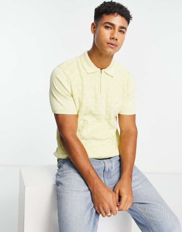 River Island short sleeve basketweave polo in yellow