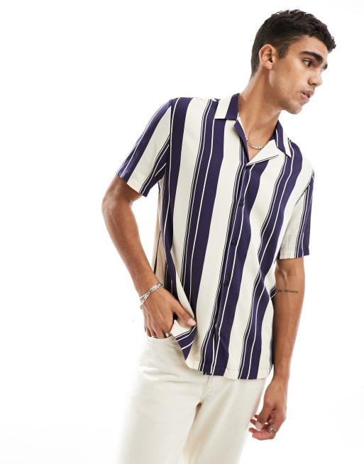 River Island short sleeve beach stripe shirt in navy | ASOS