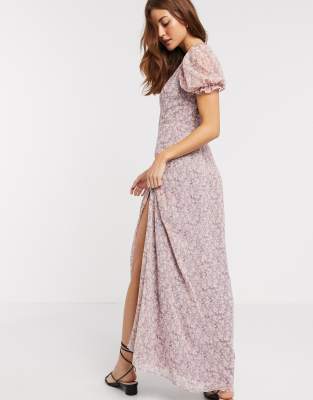 river island purple floral frill maxi dress
