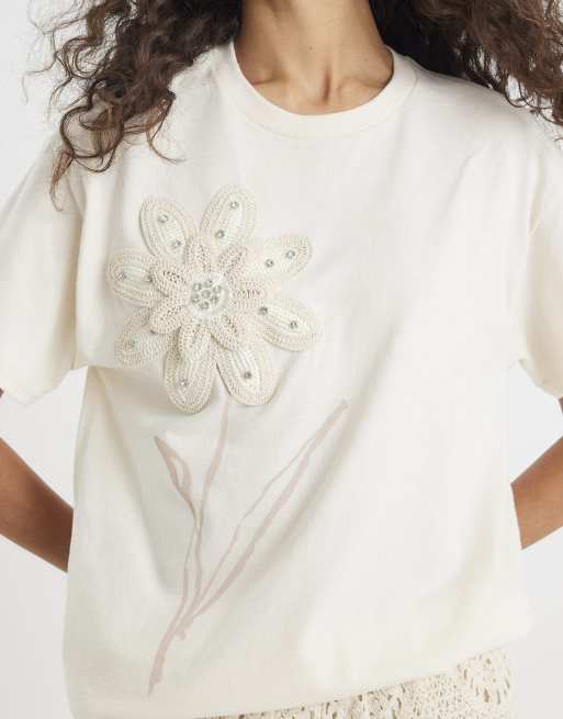 River Island Short sleeve crochet flower t-shirt in white | ASOS