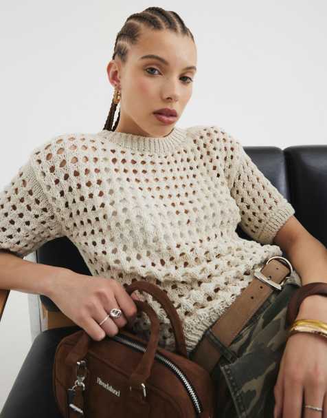 River Island Short sleeve crochet t-shirt in cream - view 1