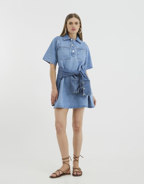 River Island Short sleeve denim collared shirt dress in denim - light - view 1