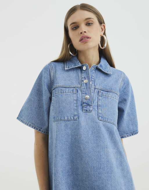 river island denim shirt dress Blue Denim Collared Shirt Dress