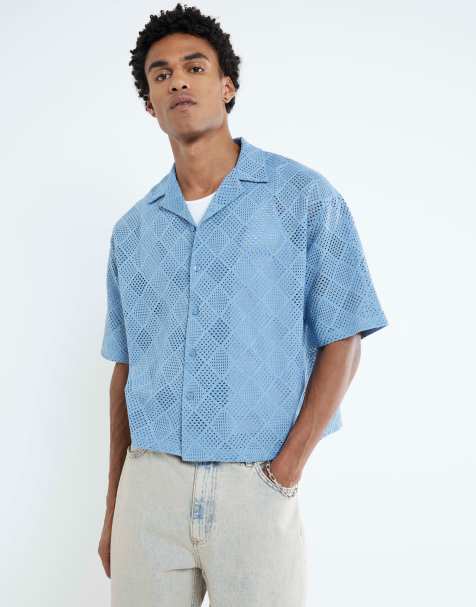 River Island Short sleeve diamond crochet shirt in blue - view 1