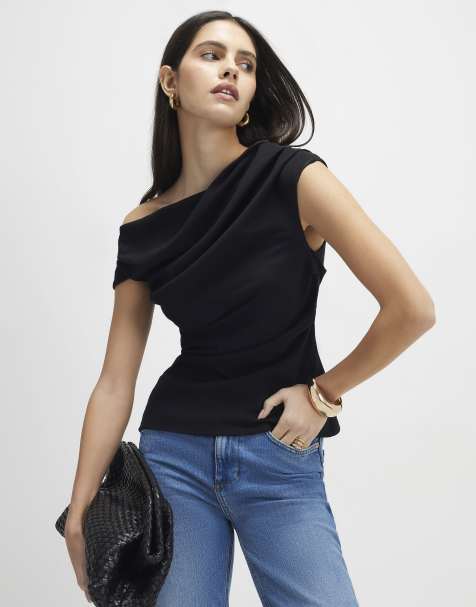 River Island Short sleeve drape off shoulder top in black - view 1