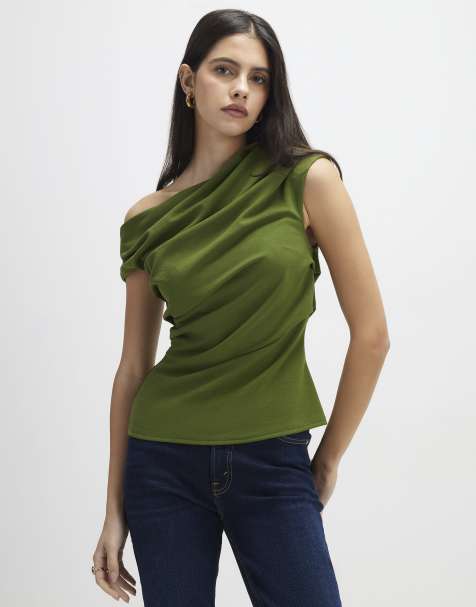 River Island Short sleeve drape off shoulder top in khaki