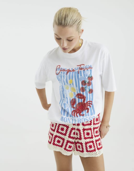 River Island Short sleeve embellished crab t-shirt in white