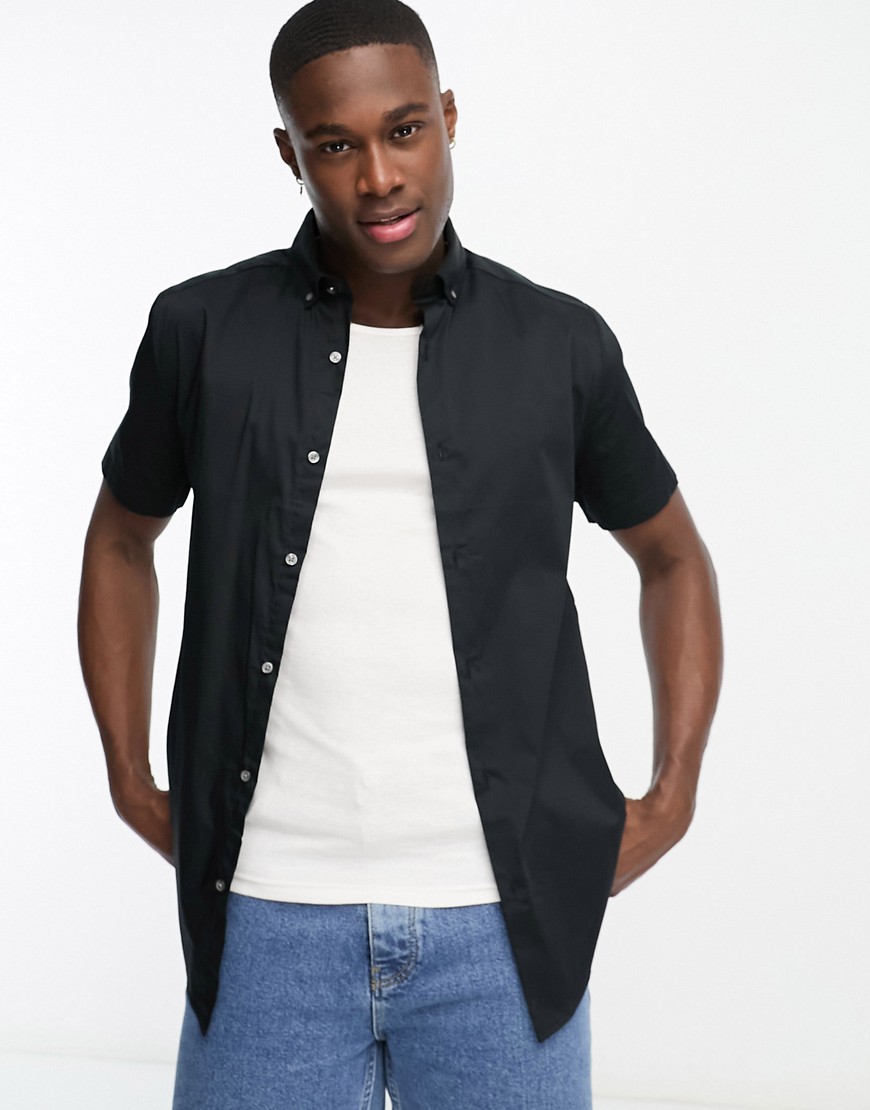 River Island Short Sleeve Embroidered Muscle Fit Shirt In Black