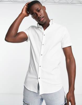 River Island short sleeve embroidered muscle fit shirt in white