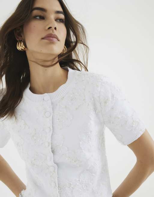 River Island Short sleeve floral overlay cardigan in white ASOS