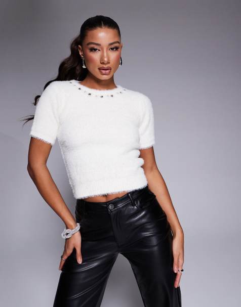River Island short sleeve fluffy knitted top in cream - view 1