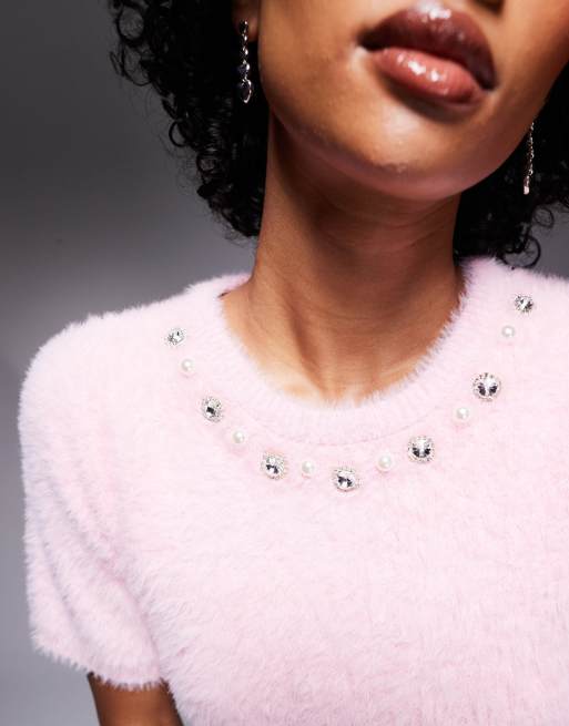 River Island short sleeve fluffy knitted top in mid pink (part of a set), 3 of 4