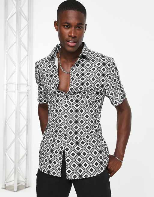 River Island short sleeve geo print party shirt in grey | ASOS