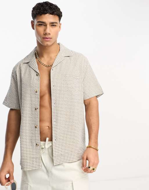 River Island short sleeve gingham seersucker shirt in stone